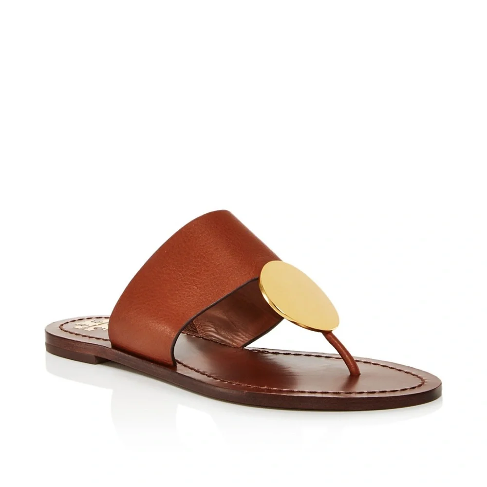 Tory Burch Patos Disk Brown Leather Flat Sandals 9.5
